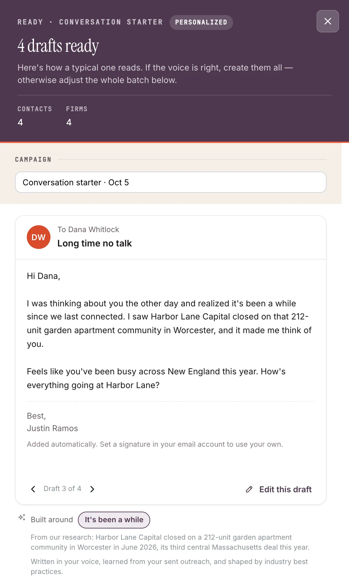 Compai drafts waiting for review before they're sent.